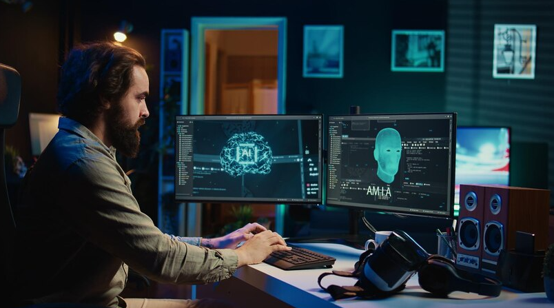 A man working diligently at a desk, utilizing two monitors to enhance productivity and manage multiple tasks.